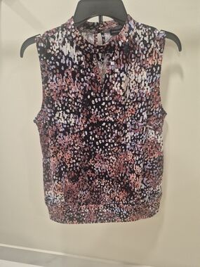 Adrienne Vittadini Black Multi Printed Sleeveless Mock Neck Top